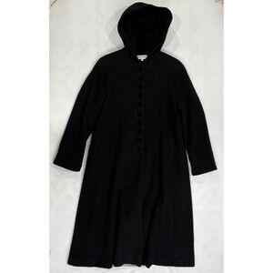 Jonathan Michael Black Hooded Wool Trench Coat Velour Buttons Made in USA Size 6